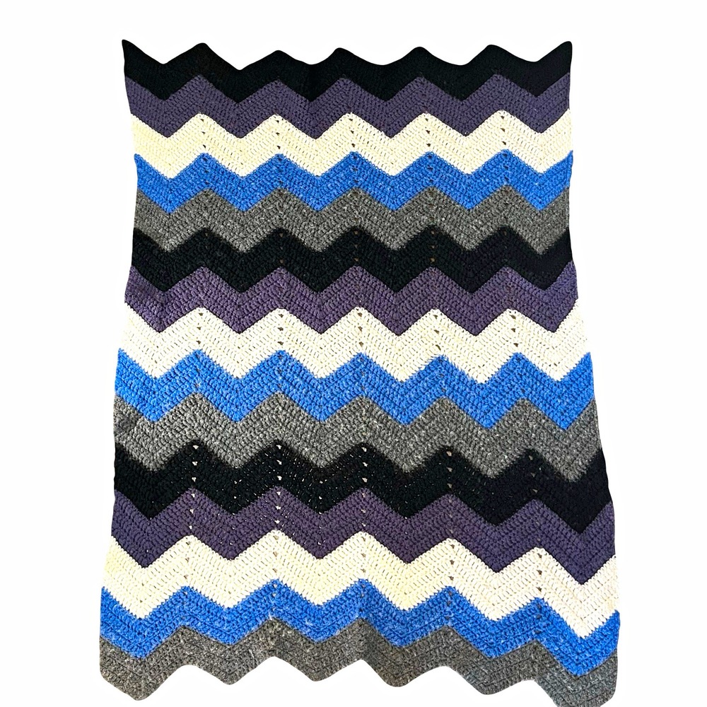 Handmade Crochet Baby Blanket Lap Throw Chevron Zig Zag Blue Gray Purple 48x33